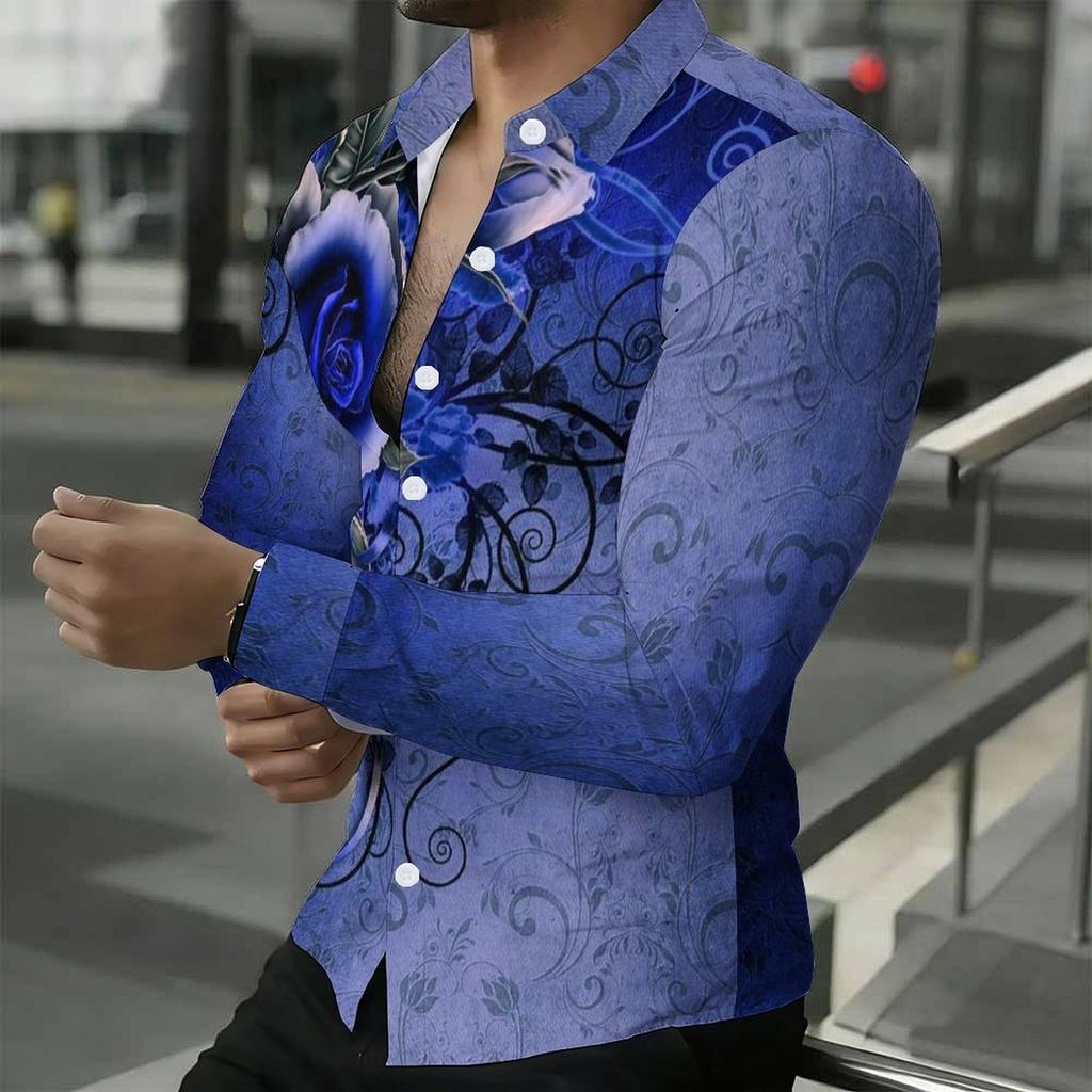 Men Collared Shirt Black Gradient Pink Cherry Blossom Star Print Long Sleeve Button Down Top