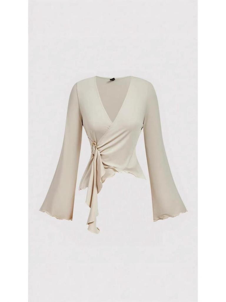 Women's Sexy V-neck Irregular Long-sleeve T-shirt - Solid Color, Autumn Collection