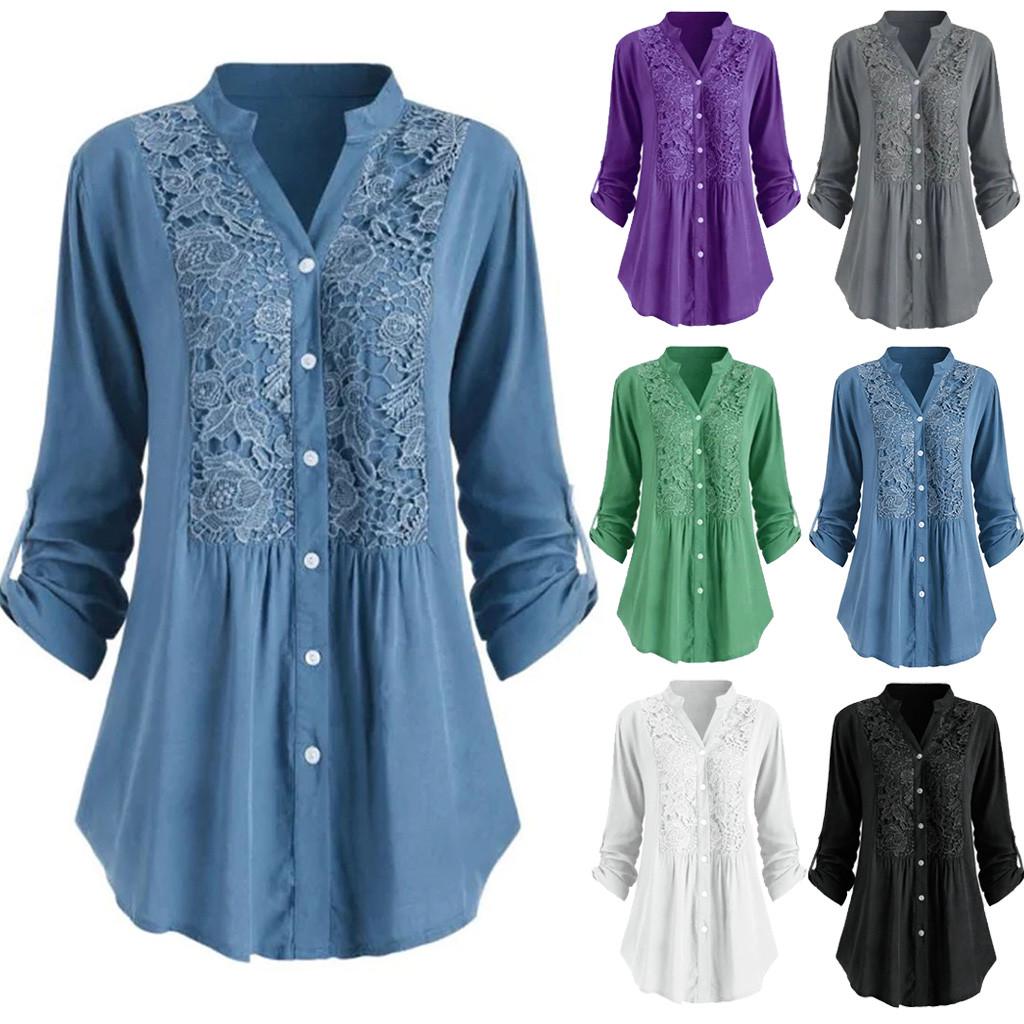 

Женщины Дамы большого размера кнопки кружева V шеи рубашка с длинным рукавом Blous