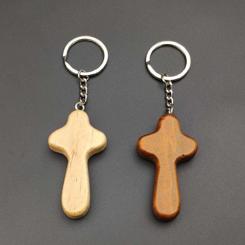 Unique Design Cross Wooden Keyrings Eco-friendly Natural Wood Keychains for Women Men Backpack Car