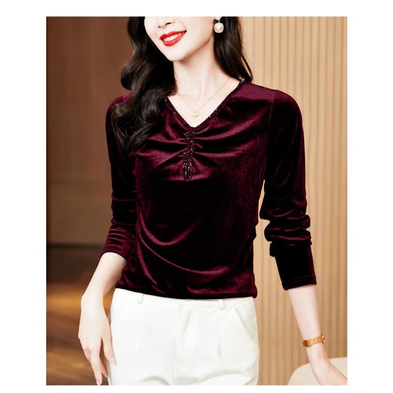 Velvet V-neck Spring and Autumn New Long-sleeved Tops Fashionable Tops for Women