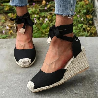 Sandalias con tiras en el tobillo y alpargatas para mujer, zapatos de cuña informales para mujer, sandalias con plataforma de lona de cáñamo y lino transpirable