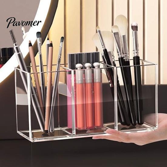 Home Office Desk Organizer Transparent Acrylic Makeup Brush Organizer, Multi-Compartment Storage Bin, Modern Desktop Lipstick Eyeliner Stand