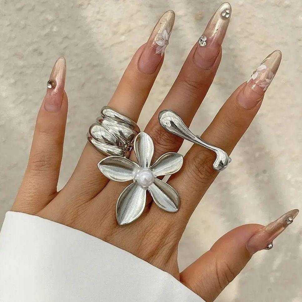 DIEZI French Style Irregular Flower Pearl Rings For Women Men Geometric Gold Silver Color Knuckle Joint Ring Jewelry  New