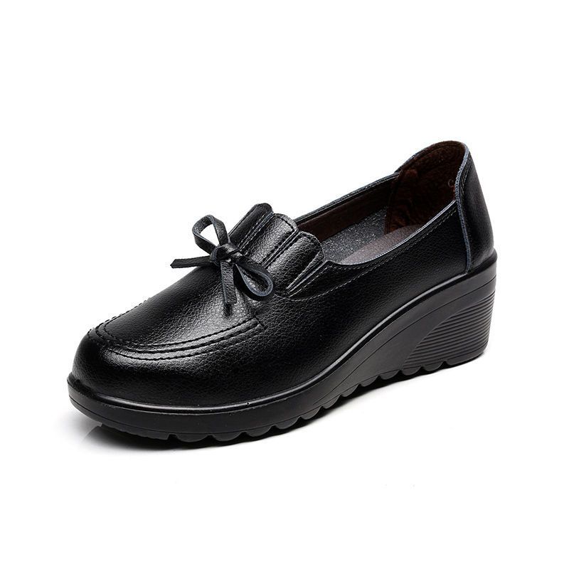 Mom shoes spring and autumn elderly leather shoes women middle and old single shoes middle heel non-slip soft sole work shoes thick sole wedge heel
