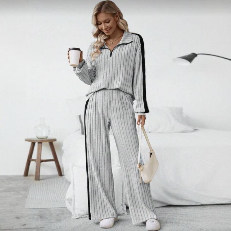 

Women Ribbed Knit 2 Piece Outfit Half Zip Long Sleeve Top And Wide Leg Pants Set S