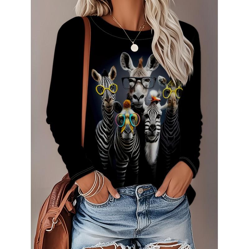 Womens Loose Fit Long Sleeve Round Neck T-Shirt With 3D Dinosaur Christmas Tree Print Milk Silk Fabric