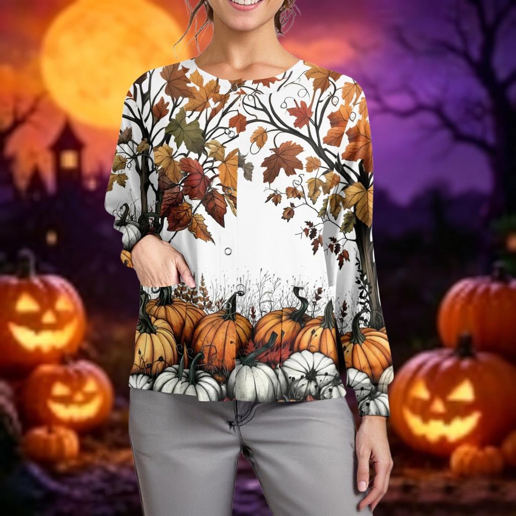 Women's Casual Long Sleeve Button Up Cardigan Halloween Print Lightweight Pullover Sweater for Caregivers and Everyday Wear
