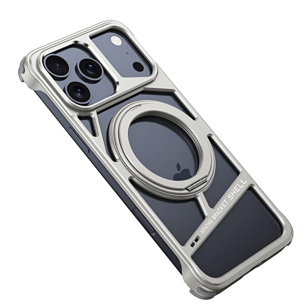 Orange Aluminium Alloy Metal Case For iPhone 17 Pro Max 16 15 14 Rotation Bracket Hollow Out Magnetic Metal Shockproof Cover