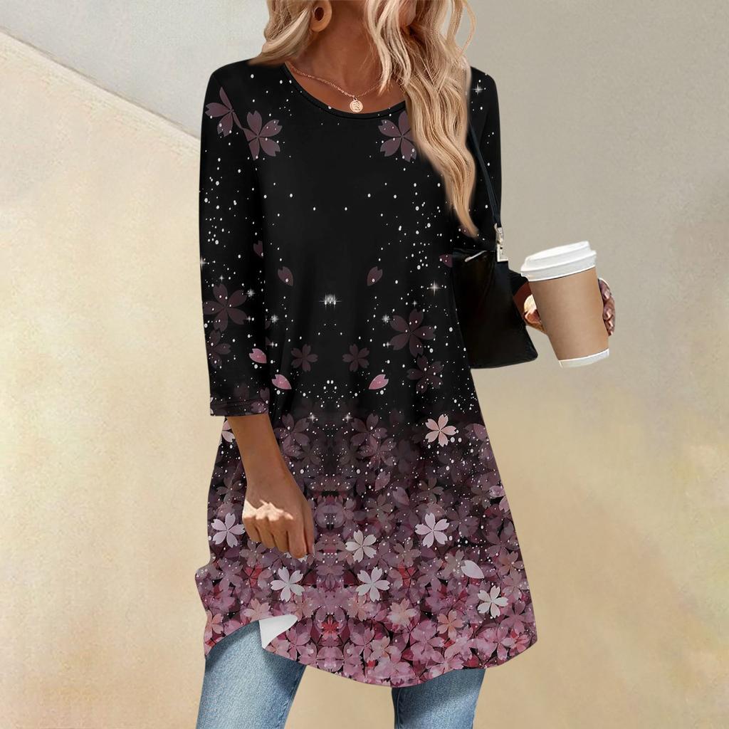 Dame Mote Casual Trekvartsermet Lang Blomstermønstret Rundhals Topp