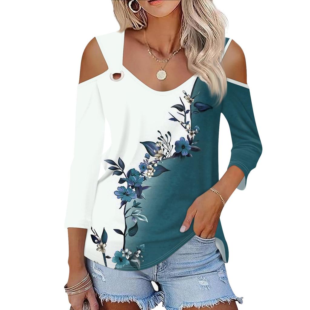 Damen Casual Shirt Bluse Print V-Ausschnitt Sexy Cold Shoulder 3/4 Ärmel Top