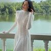 Hollow Out Mesh Maxi Dress High Collar Slim Fit Long Sleeve Robe High Waist Pleated Party Dresses New Lady Fashion Clothing