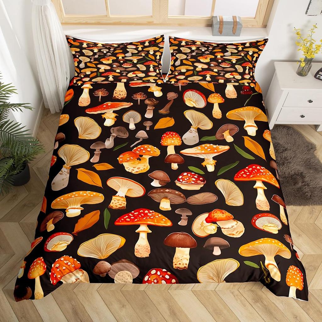 Comforter Wild Mushroom Bedding Set King Queen Cute Mushrooms Comforter Kawaii Fungus Cartoon Plant Leaves