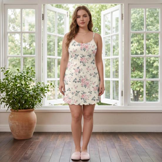 Women's Nightgown with Adjustable Thin Shoulder Straps Round Neck Ice Silk Slim Fit Dress for Home Sleep Beach Wear