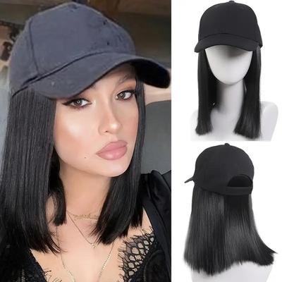 Chique Zwarte Baseballpet Pruik voor Vrouwen Hittebestendig Synthetisch Steil Haar Perfect voor Halloween Kerstfeesten