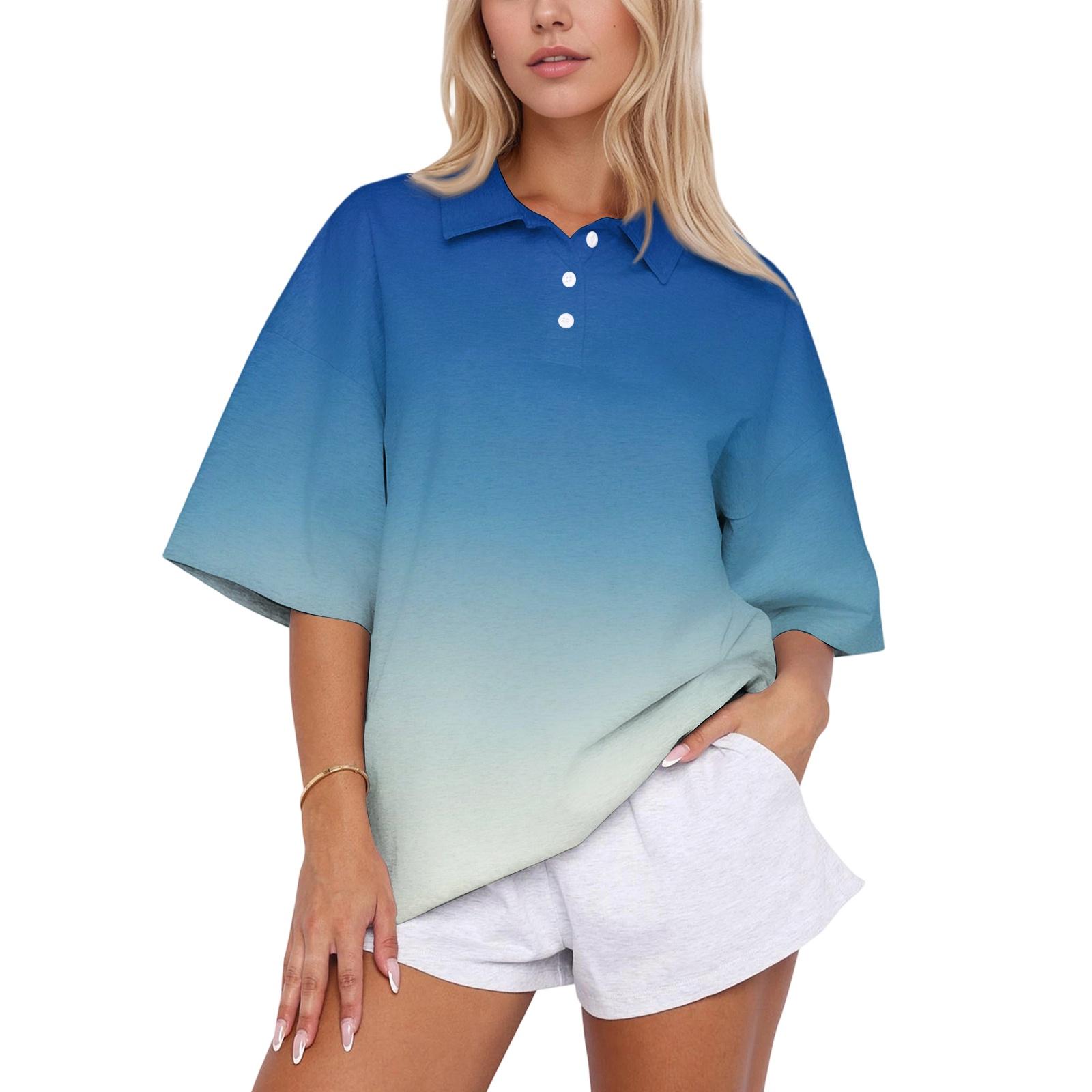 

Women Fashion Casual Polo Collar Loose Fit Short Sleeve Top Gradient Print Pullover Lightweight Comfortable Shirt for Daily Wear M синий