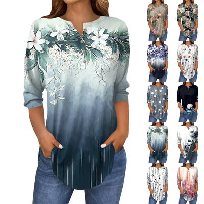 Women's Loose Button Collar Vintage Floral Print Three-quarter Sleeve T-Shirt Shirt