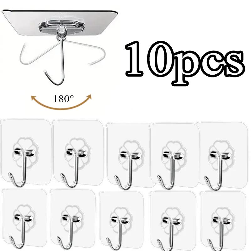 5/10/20pcs Adhesive Hooks for Hanging On Wall or Ceiling, Heavy Duty, Clear, Damage Free, Stick On Hangers for Kitchen Bathroom