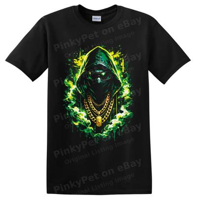 Hooded Masked Figure T Shirt Neon Green Gold Chain Streetwear Graphic Art Tee