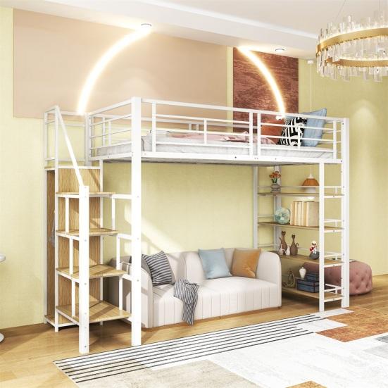 Litera Juvenil con Escalera de Seguridad Varios Estantes Armario Empotrado Carga Fuerte para Adultos Marco Metálico Loft Muebles para el Hogar Doble Capa