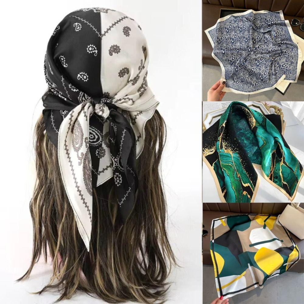 Square Women Silk Scarf Small Satin Female Hijab Bandana Fashionable Print Wrap Headkerchief