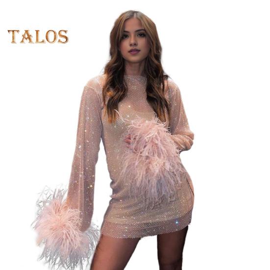 

Сексуальное блестящее вечернее платье с меховой отделкой на манжетах, круглым вырезом, длинными рукавами, прозрачным облегающим платьем M розовый