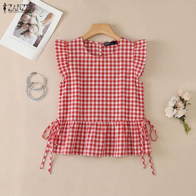 ZANZEA Women Plaid Print Casual Round Neck Sleeveless Tank Tops