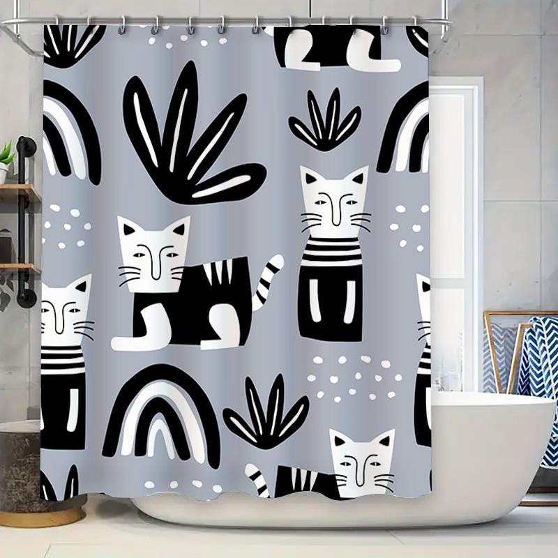 

Modern Cats Printed Shower Curtain Decorative Bathroom Liner For Kids Bathrooms – Gray Black Pattern – Water Repellent Fabric Wi W60H190(CM)-1 Pcs