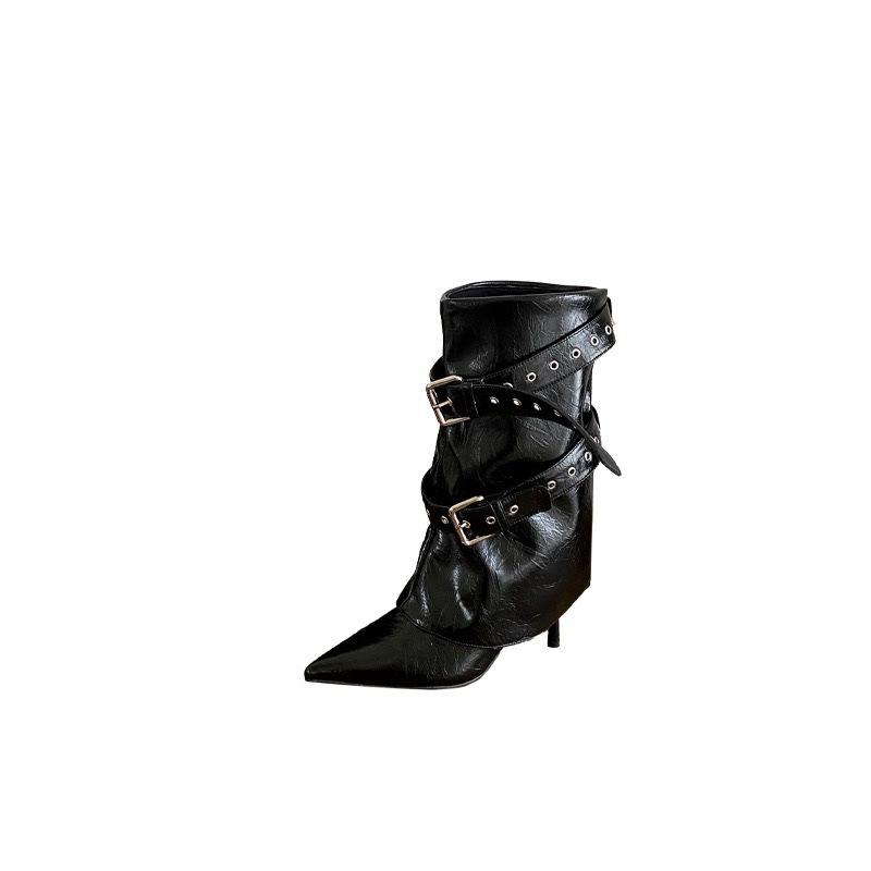 2025 Autumn European and American Style Rivet Belt Buckle Wide Tube Pointed High Heel Boots