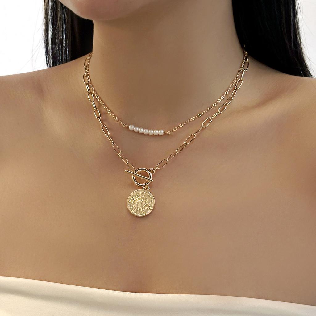 Модное многослойное ожерелье из сплава с бабочкой и бантом, с искусственным жемчугом, для женщин NC25Y12965