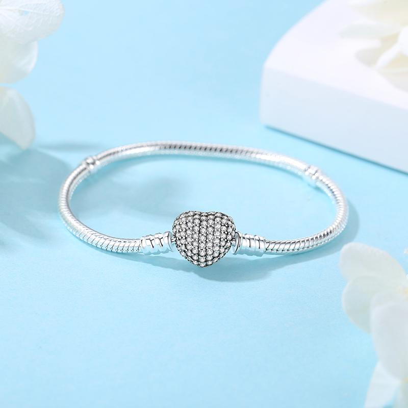 Original 925 Sterling Copper Bracelets Bangles Love Heart Clip Charms Beads Snake Chains For Women Rose Gold DIY Luxury Zircon
