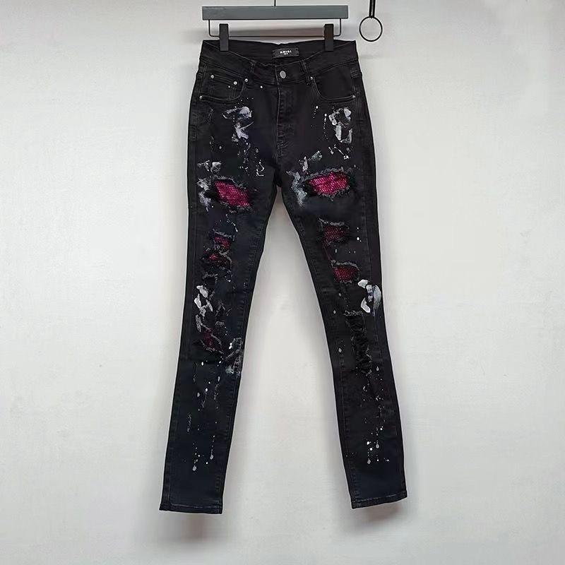 AM Черные Джинсы Скинни С Высокой Талией, Разорванные, С Горячими Стразами, Уличный Стиль, Черные Базовые Разорванные Эластичные Джинсы Брюки M