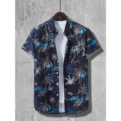 Coconut Palm Print Hawaiian Shirt, Men's Casual Button Up Short Sleeve Shirt For Summer Beach Vacation Resort Oversized Clothing