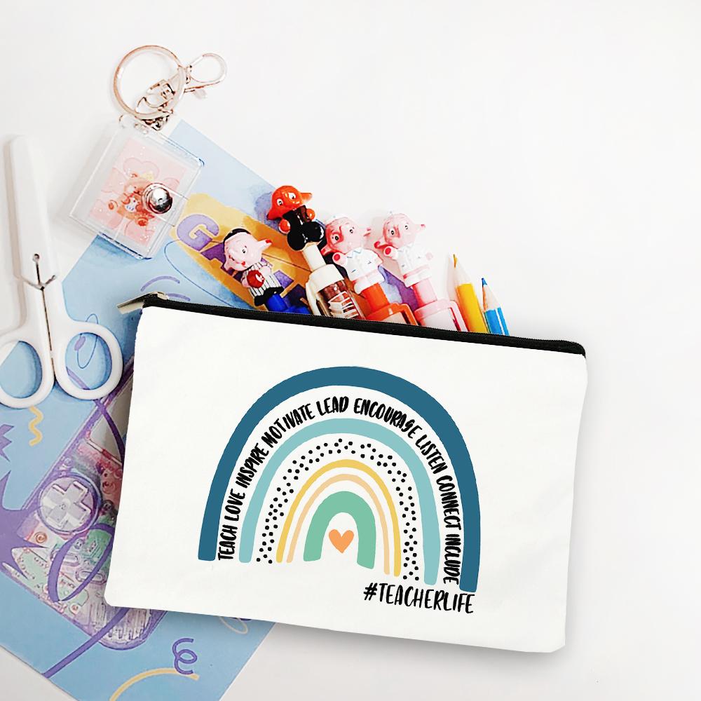 Blessed Teacher Life Leopard Makeup Bags Student White Pencil Pouch Teacher Shopping Handbag Storage Bag Teachers' Day Best Gift