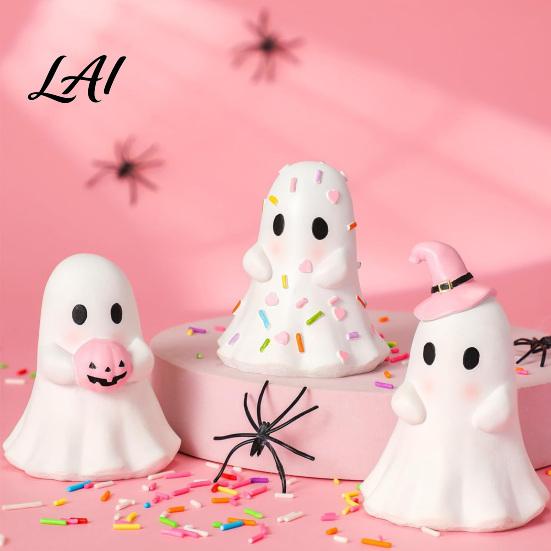 Small Resin Ghost Statue Cute Halloween Figurine Candy Pumpkin Witch Hat Figure Desk Decor for Girls Pink White Kawaii Tabletop Ornament Desktop