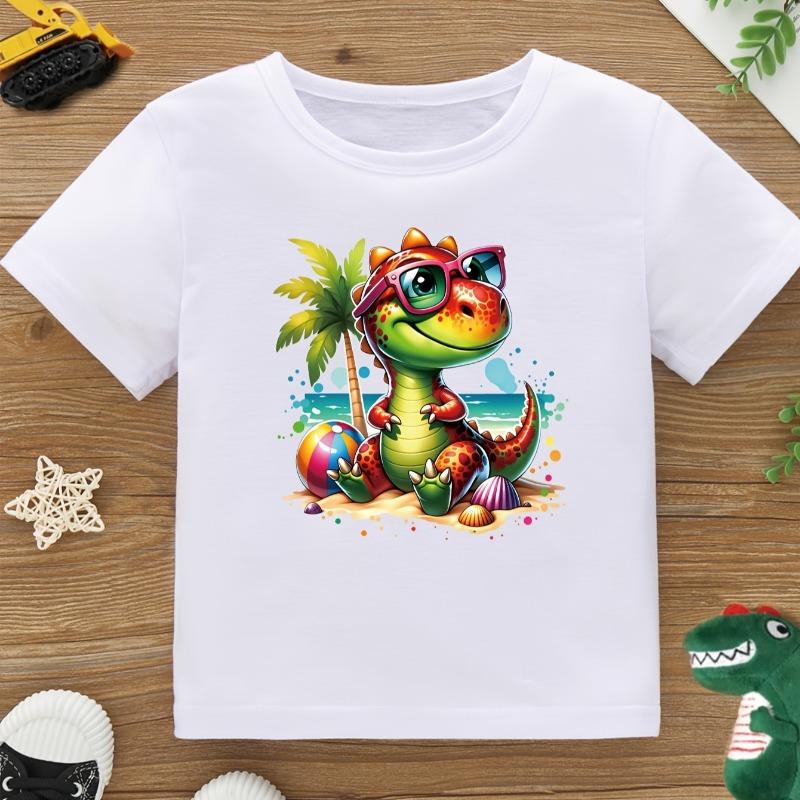 Boys' Dinosaur And Coconut Tree Pattern Print Handsome All-Match Casual T-Shirt