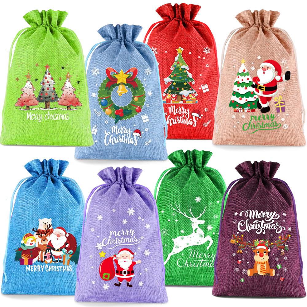 8pcs Christmas Linen Drawstring Bags for Children Christmas Apple Bags Christmas Eve Drawstring Gift Bags