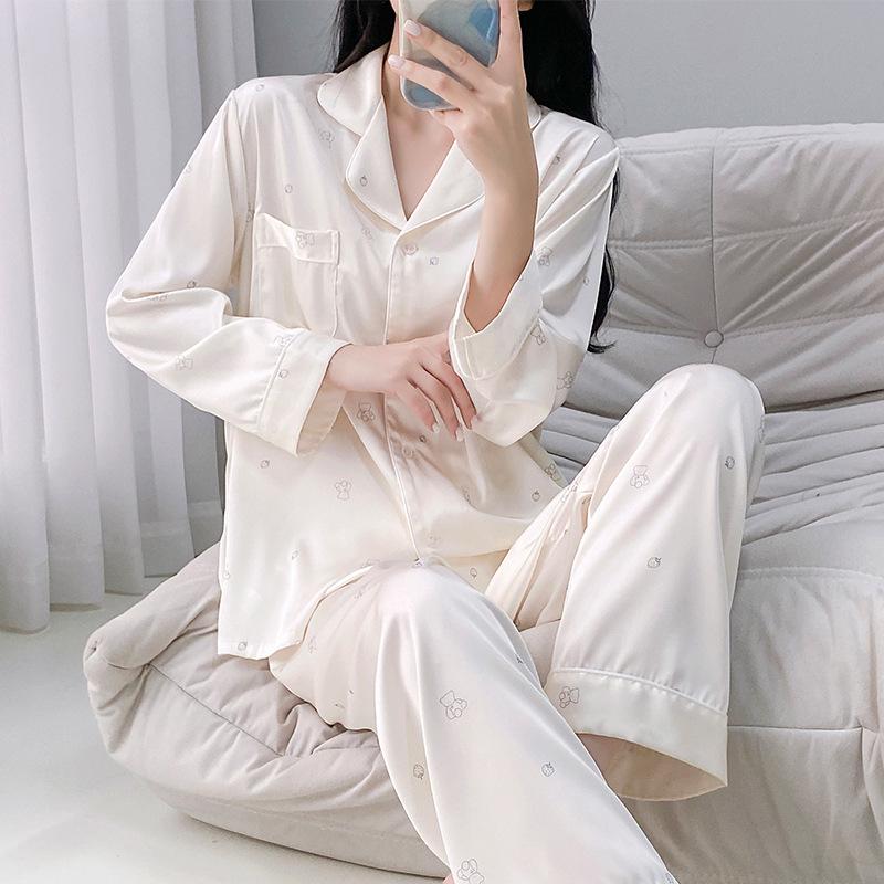 Women's Autumn/Winter Ice Silk Cartoon Pajamas, Korean-Style Sweetheart Set - Long Sleeve & Pants