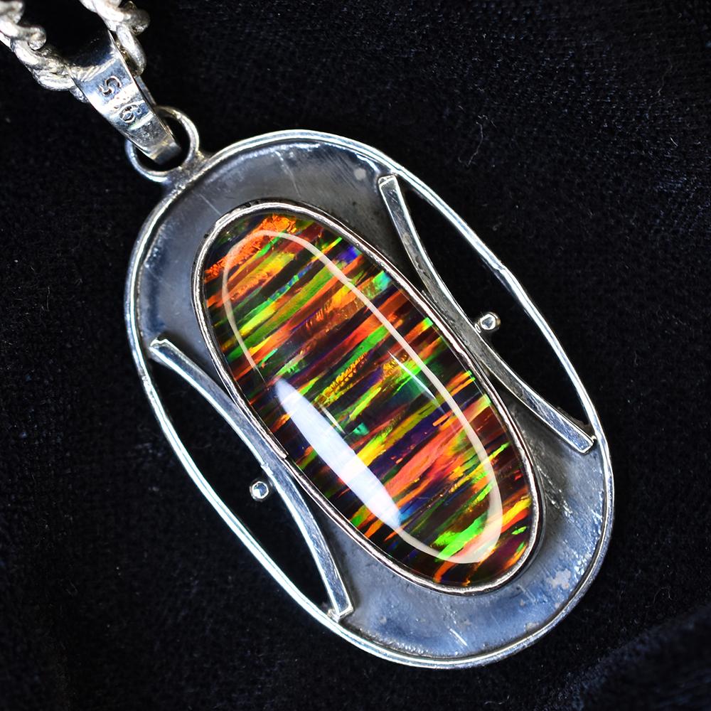 Natural Opal Pendant 49 ct Oval Cut 925 Sterling Silver Gemstone October Birthday Birthstone