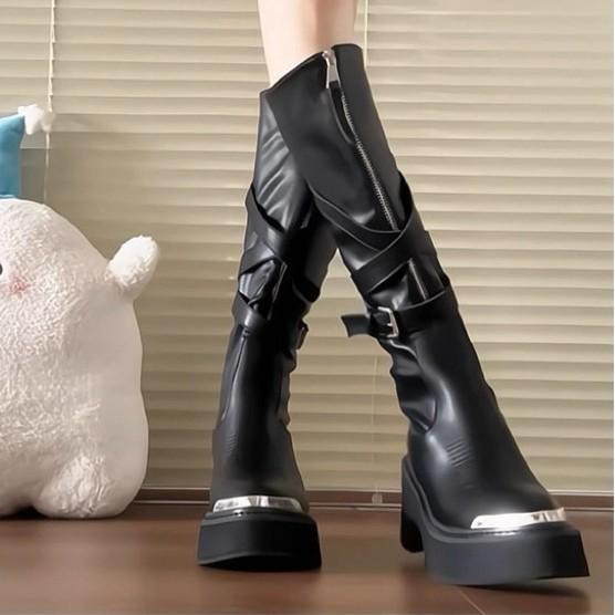 Cowhide version~ pointed metal boots for women wear thin boots but knee boots thick-soled high knight boots