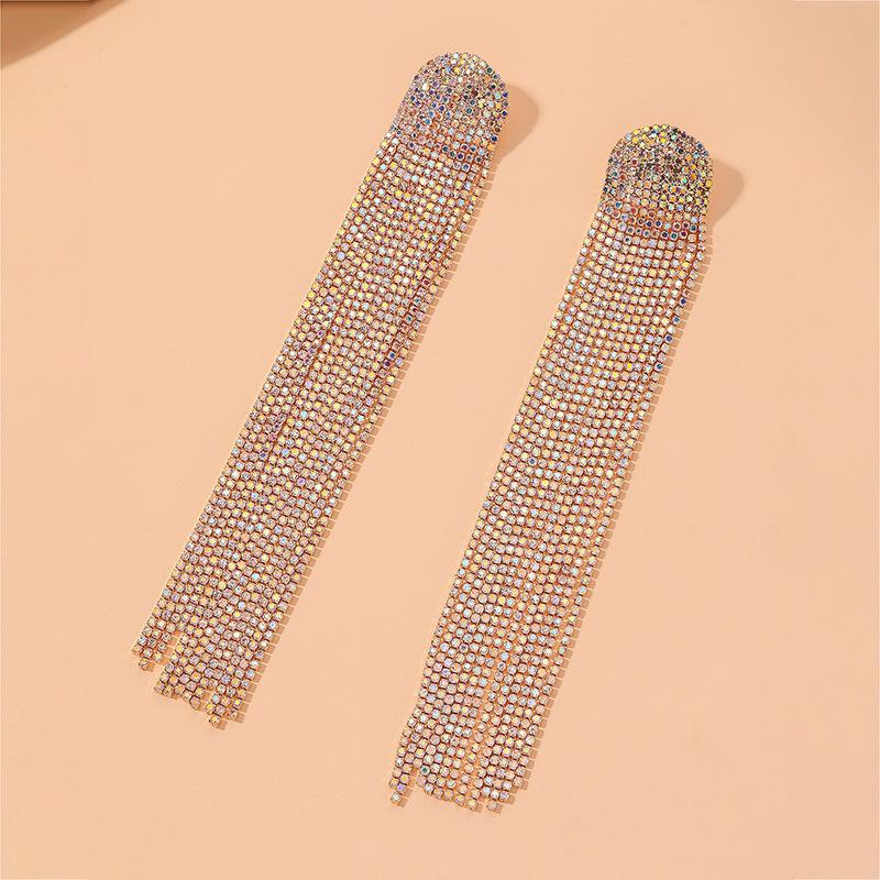 Silver needle exaggerated full of rhinestones long fringed earrings elegant temperament ins Internet celebrity earrings