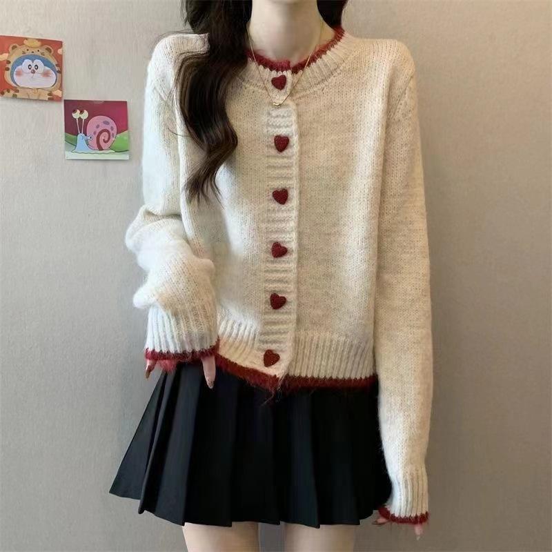 

Three-dimensional flower love single-breasted knitted cardigan spring and autumn new sweet round neck small fresh sweater women s coat tide average size