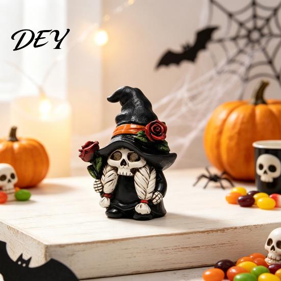 Wizard Hat Gnome Statue Halloween Skeleton Figurine, Gothic Witch Dwarf Statue, Figurine Holding Rose Sculpture for Party Decoration Hand Painted