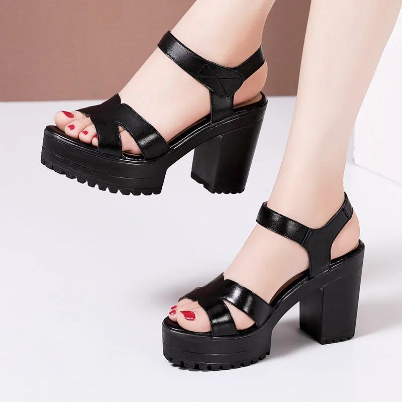 Small Size 32-43 Elegant Genuine Leather Shoes Women Summer Platform Sandals 2025 Block High Heels Sandals Women Office Mother