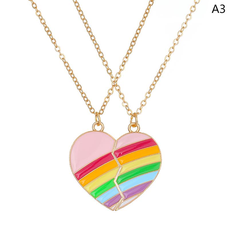 2Pcs Ins Style Heart Rainbow Stitching Necklace Fashion Pendant Alloy Clavicle Chain For Children Best Friend Jewelry Gifts