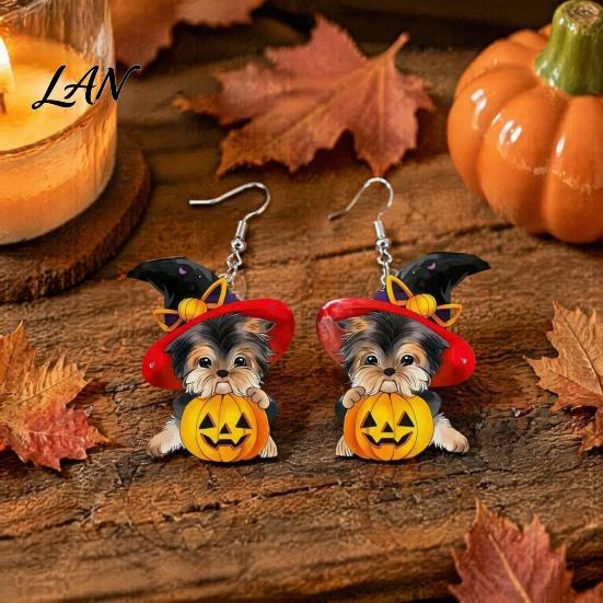 Cute Halloween Gift for Her Witch Hat Puppy Earrings, Dog Pumpkin Drop Fashionable Acrylic Earrings Lightweight Jewelry, Accessories Women Girls