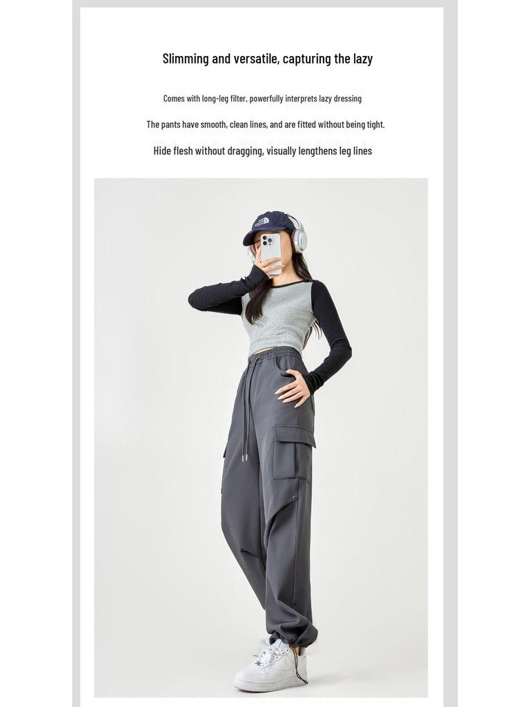 Damen Hochwertige Lässige Cargohose: Herbst/Winter-Stil, mit Plüschfutter, lockere Passform, gerades Bein, mehrere Taschen, Kordelzug, Polyester.