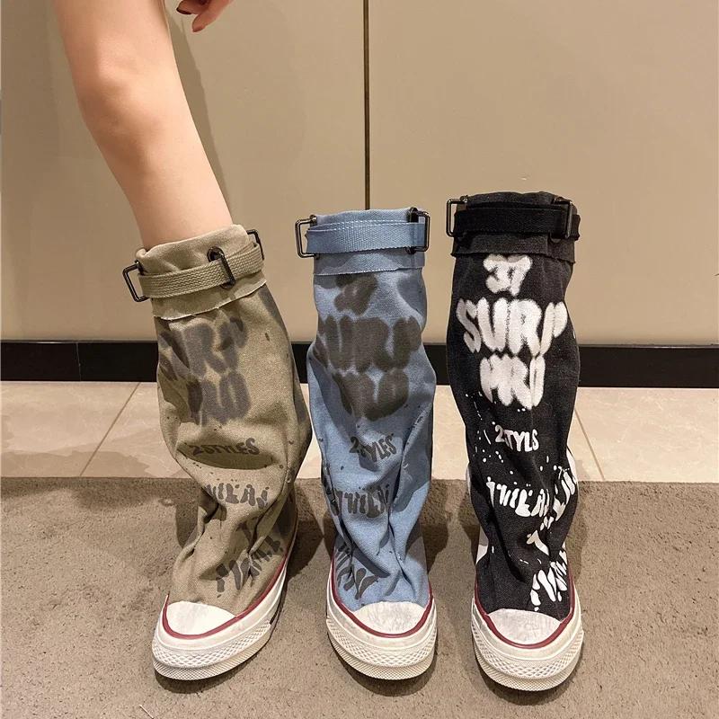 Fashion Women's Shoes Spring High Top Canvas Cowboy Boots Round Head Anti-slip Boots for Women Fashion Rubber Sole Leisure Shoes Zapatos