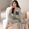 Ice Ribbon Chest Pad Pajamas Women'S Imitation Silk Long-Sleeved Trousers High-End Anti-Pitting Loungewear Set