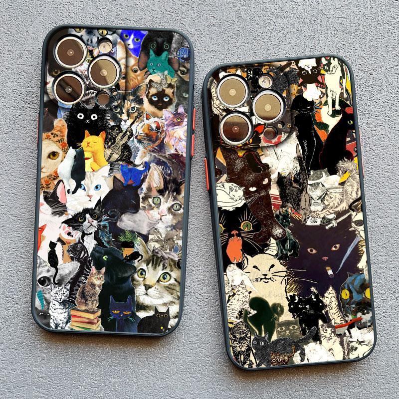 Retro Black Cat White Kitten Illustration Phone Case For iPhone 17 16 15 14 13 11 12 Pro Max Mini 15 16 Plus Case Cute Cartoon